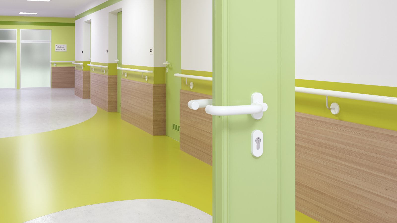 Glazed hospital door with green frame equipped with a door handle in the colour signal white made of polyamide