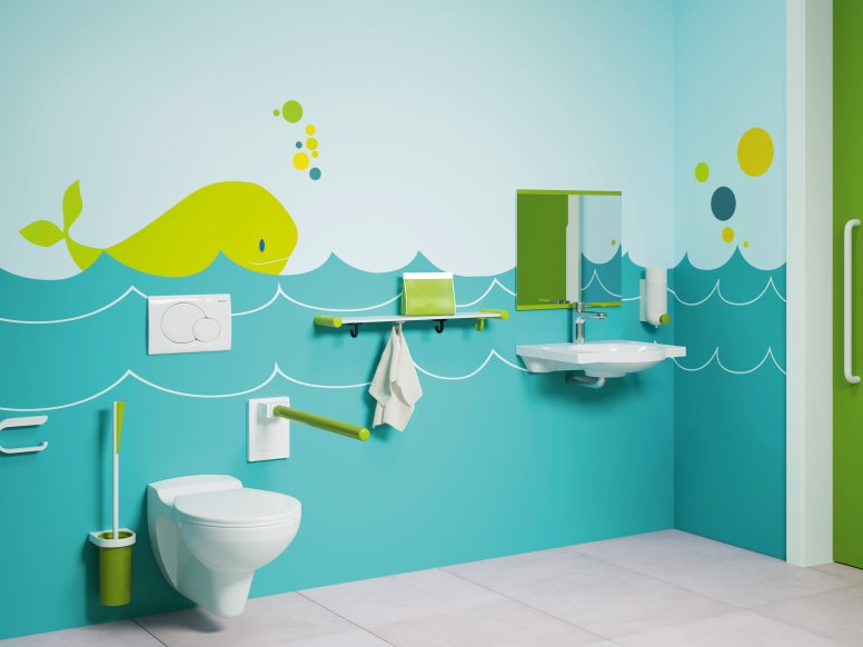 Barrier-free bathroom for children with WC and wash area in blue-green