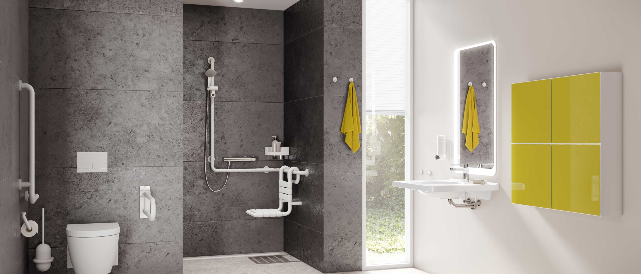 Barrier-free bathroom with washbasin, shower area and WC Series 477/801