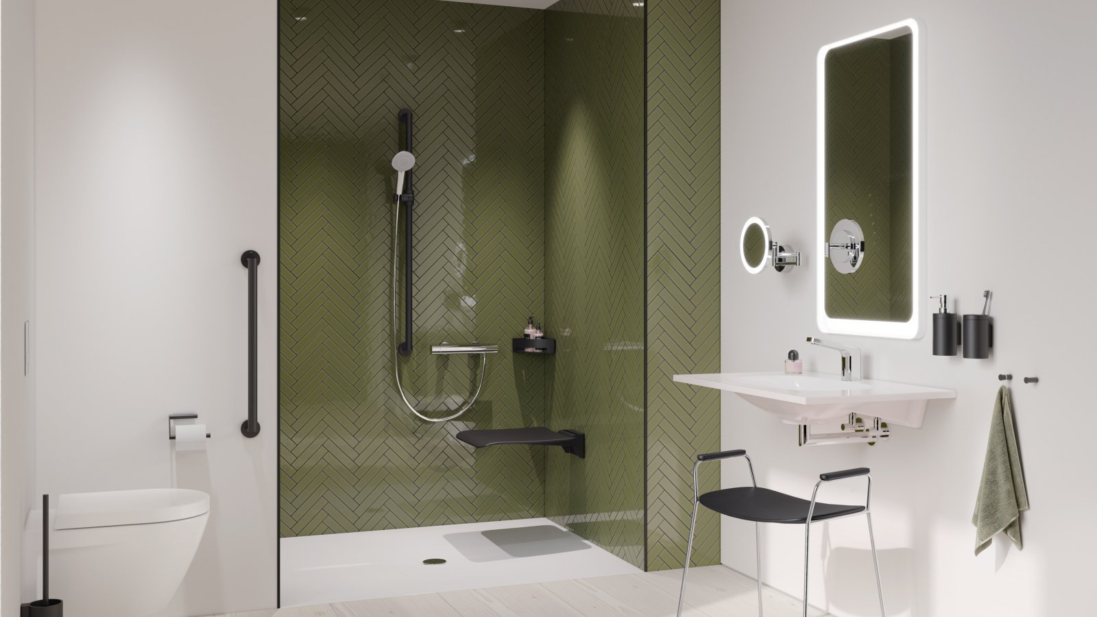 Barrier-free bathroom with washbasin, shower area and WC