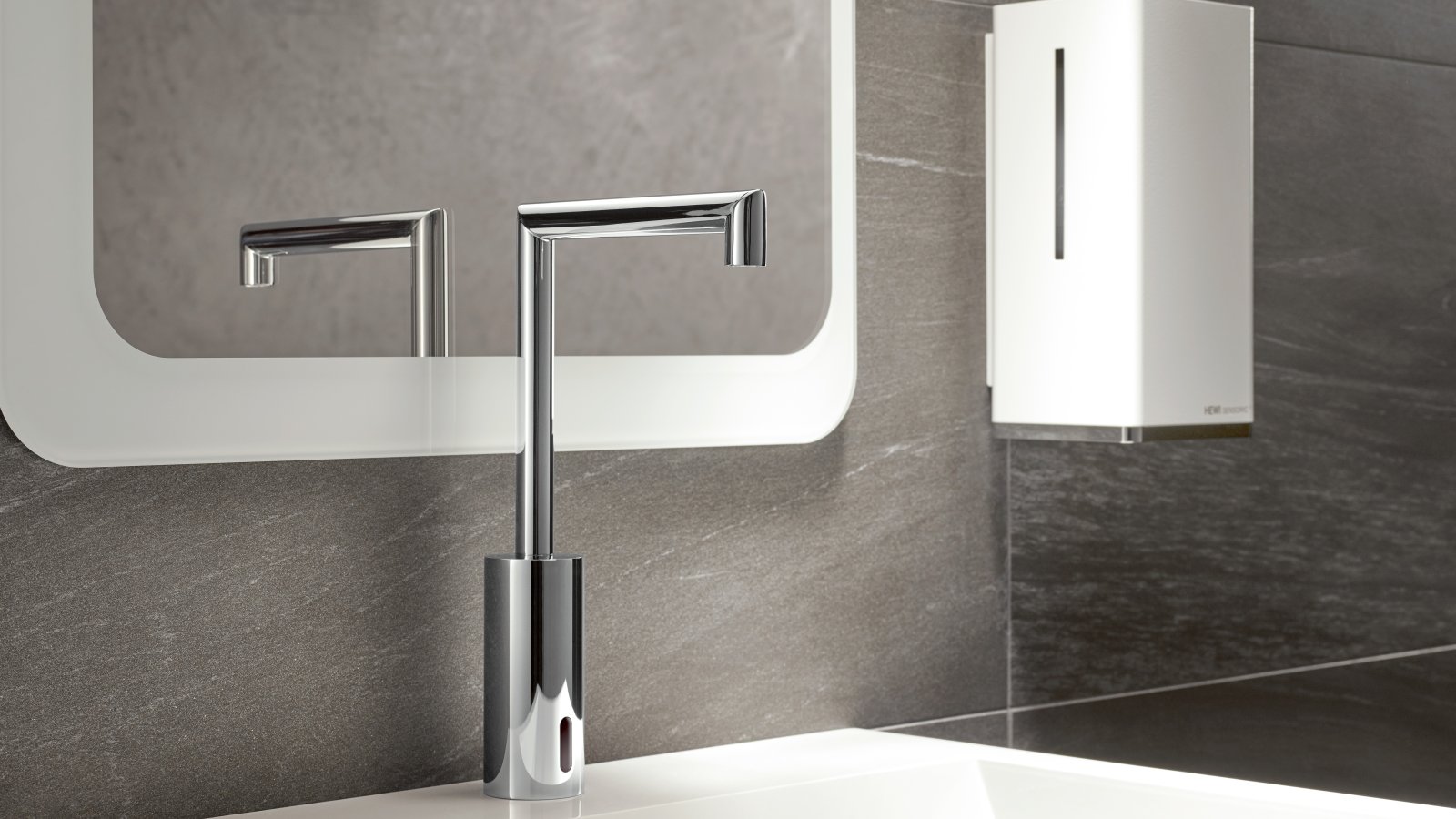 Touchless washbasin with chrome-plated mixer tap and siganl white stainless steel soap dispenser